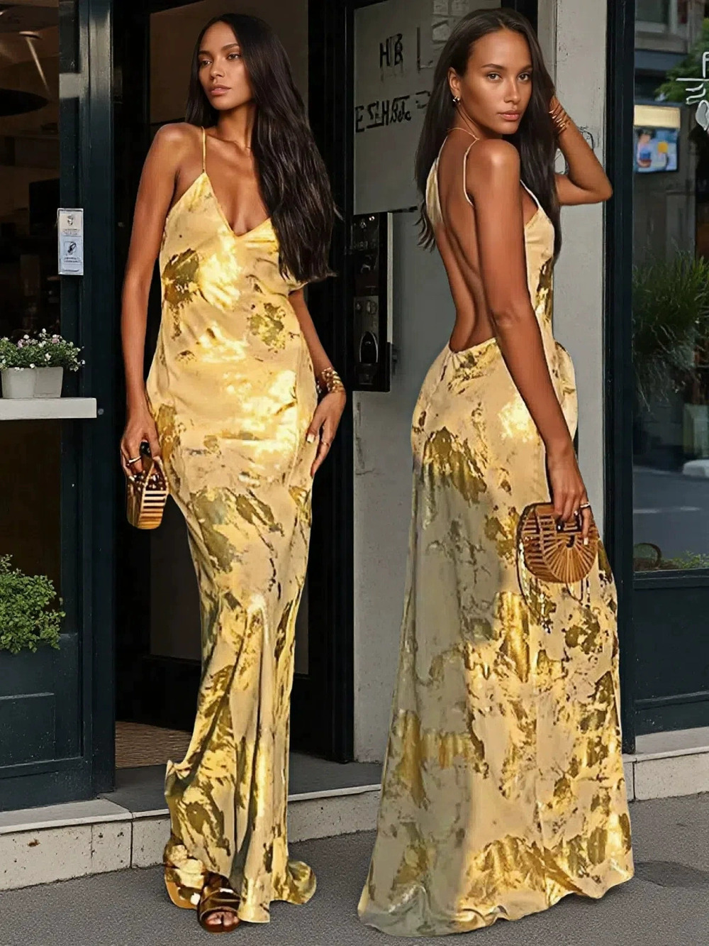 Zara New Summer Backless Gold Foil Spaghetti Strap Dress